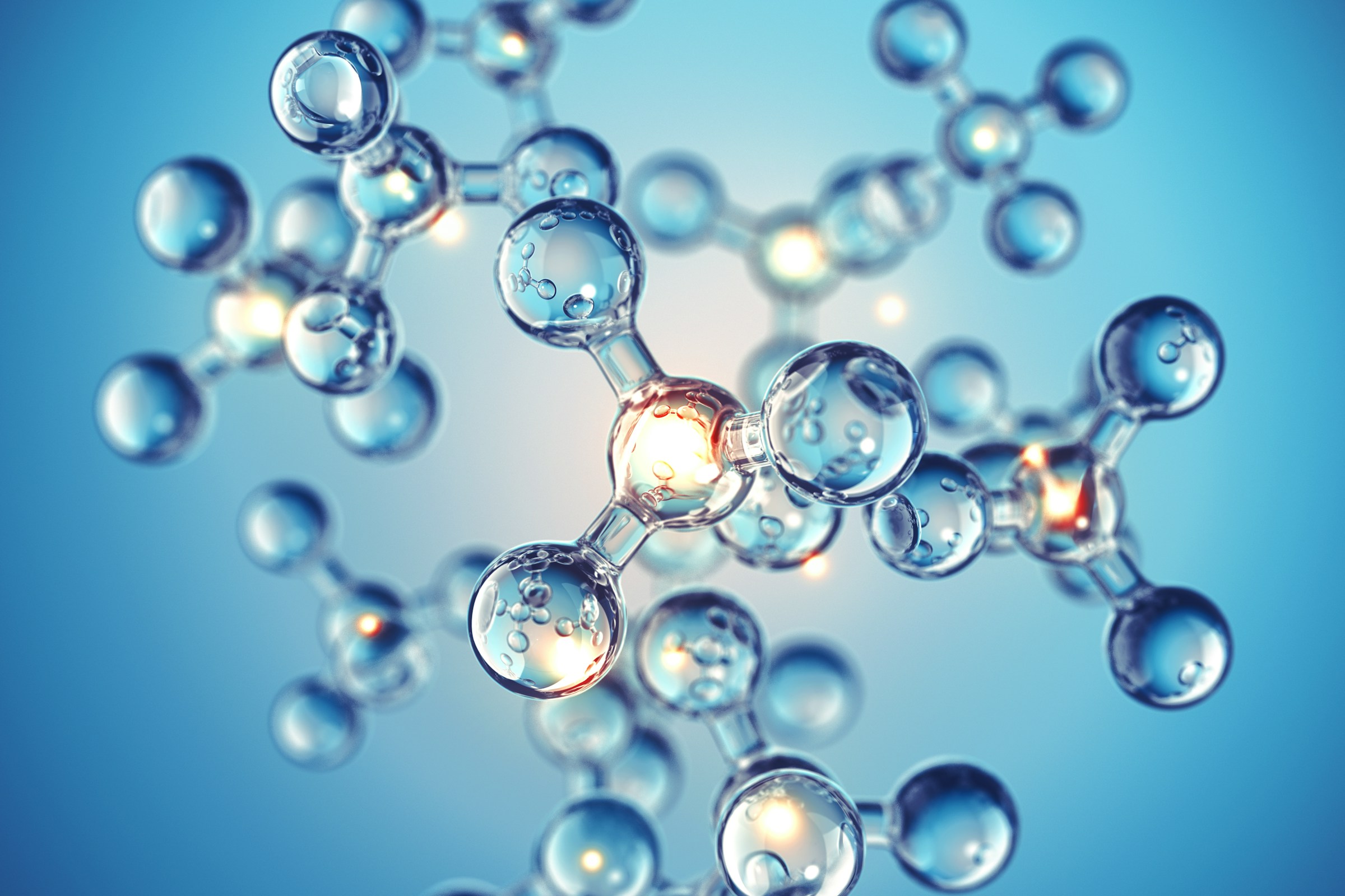 3D molecular structure with glass spheres representing drug compounds