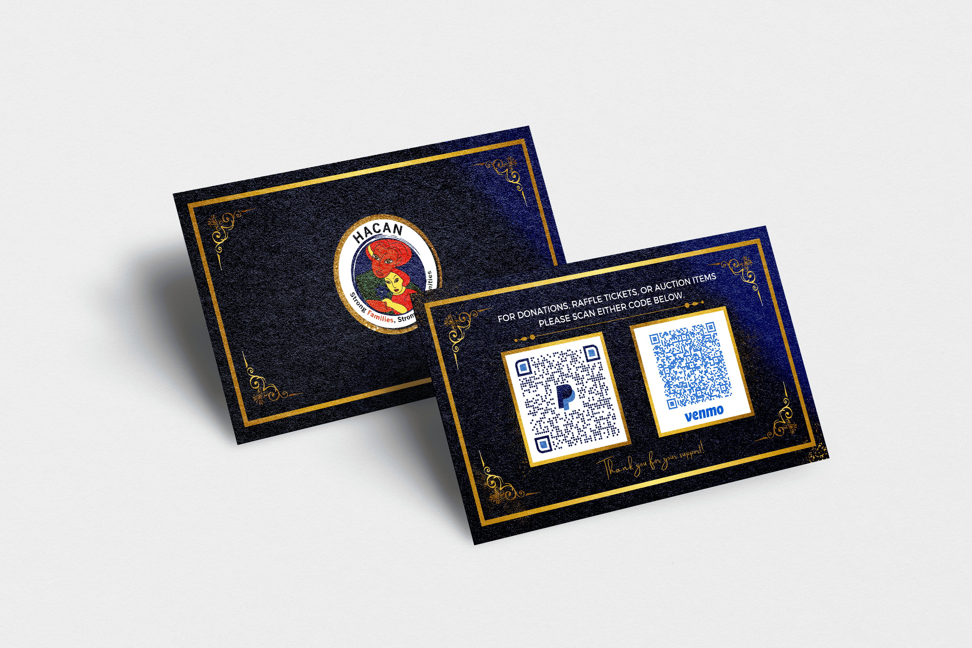HACAN donation cards with PayPal and Venmo QR codes in navy and gold event branding