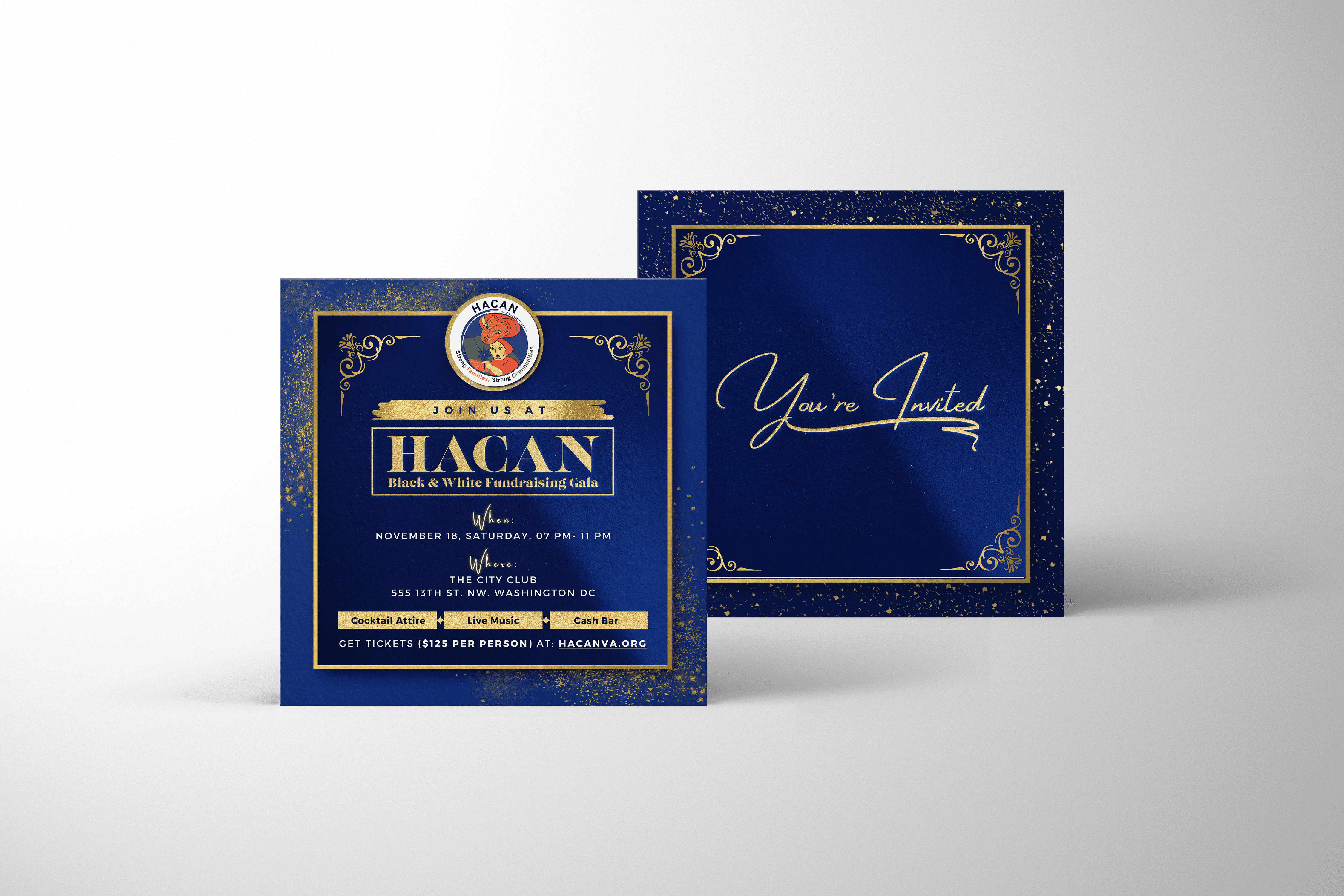 HACAN Black and White Fundraising Gala invitation cards with deep blue and gold ornamental framing