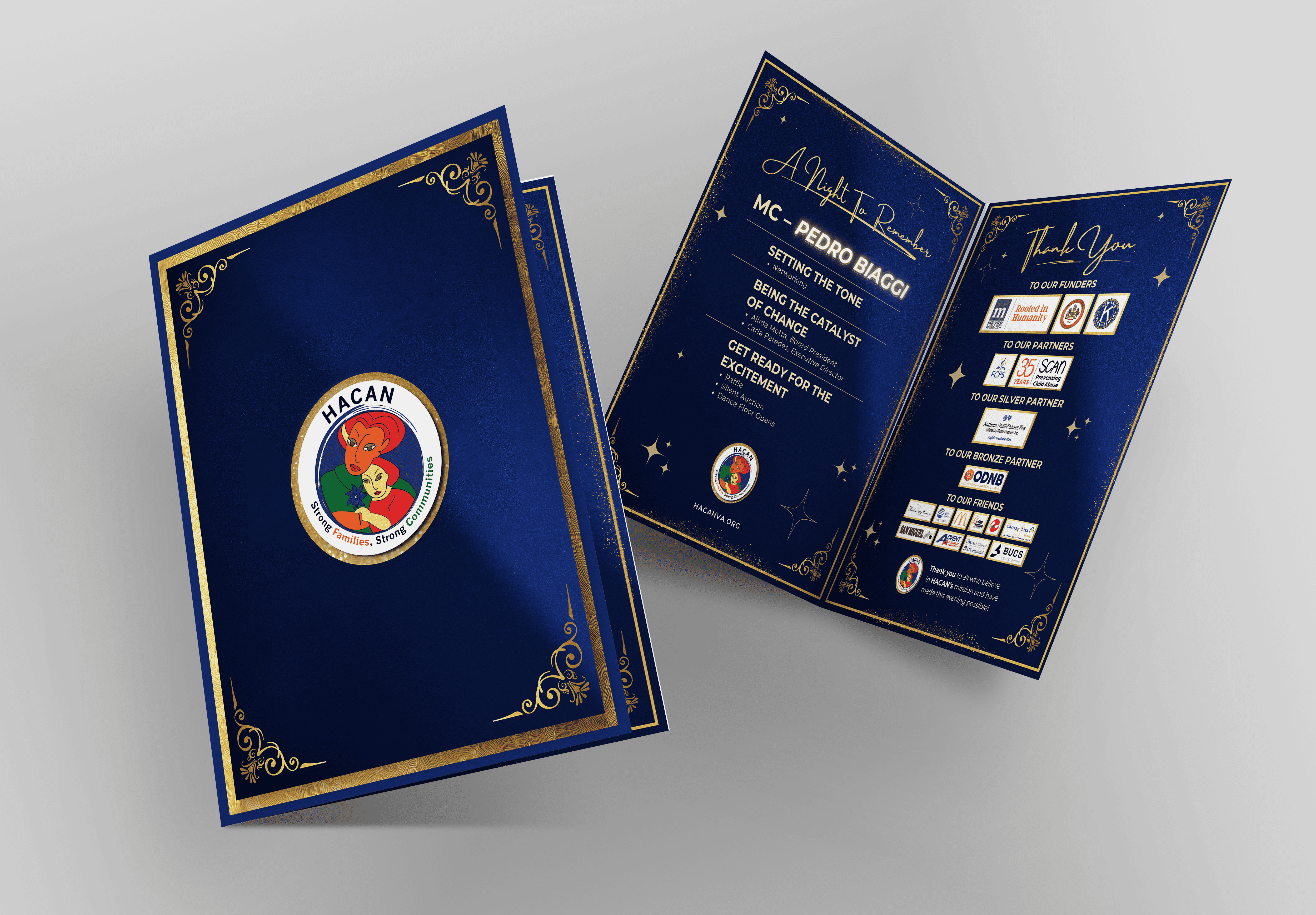 HACAN gala tri-fold program with event schedule, sponsor tiers, and gold filigree detailing