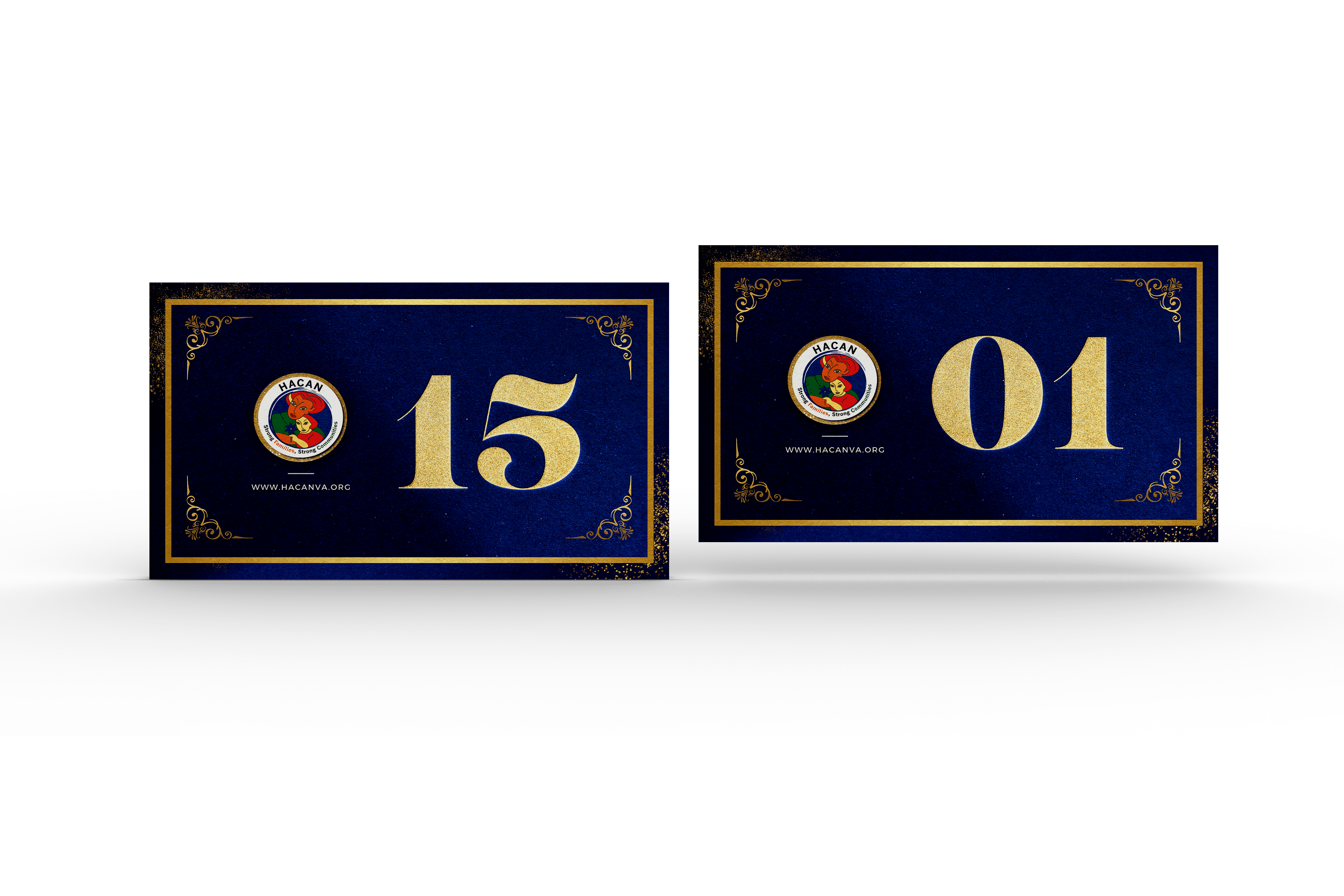 HACAN gala table number cards in deep blue with gold numbering and ornamental borders