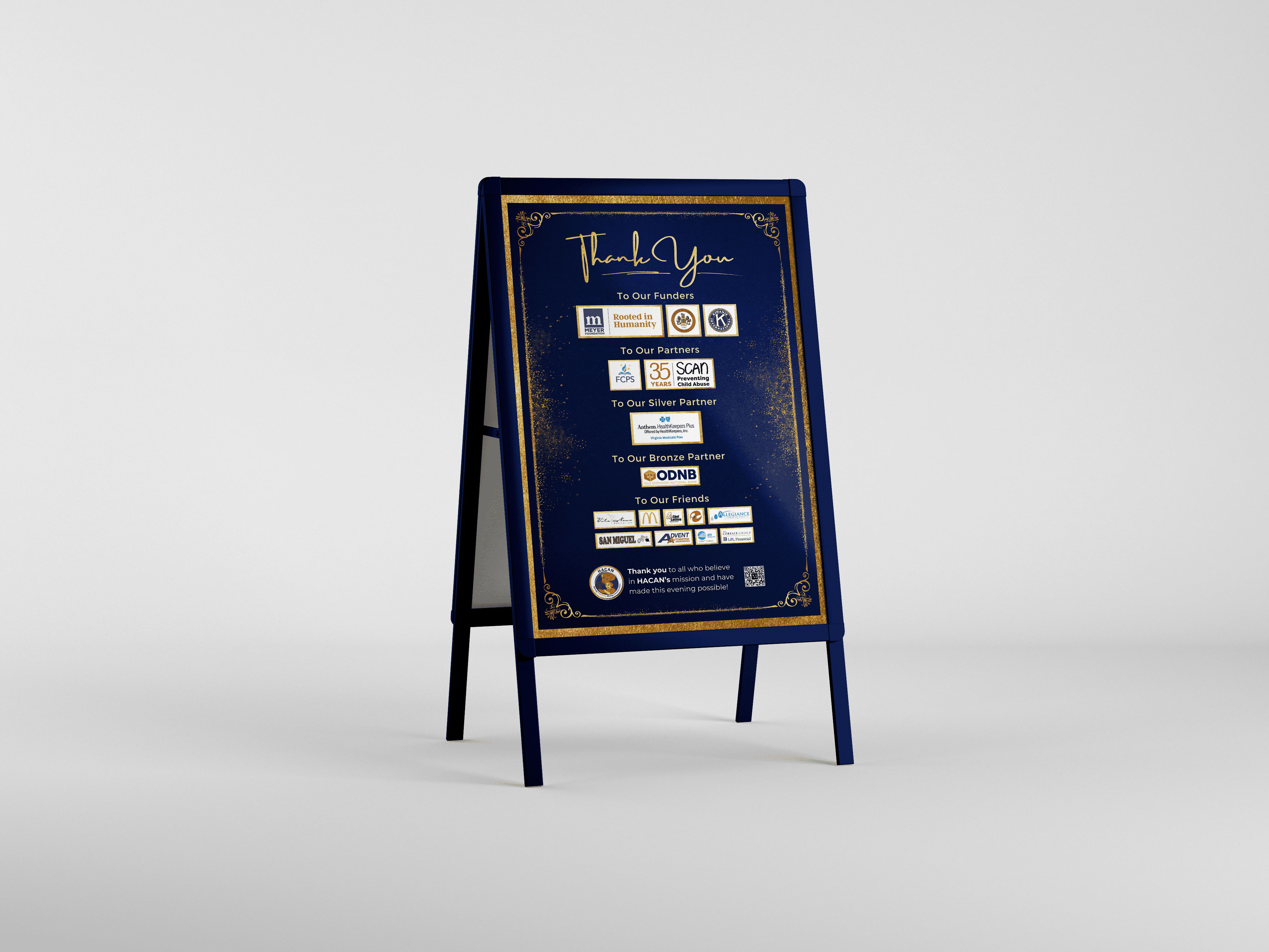 HACAN thank you sponsor poster on A-frame stand with tiered partner logos