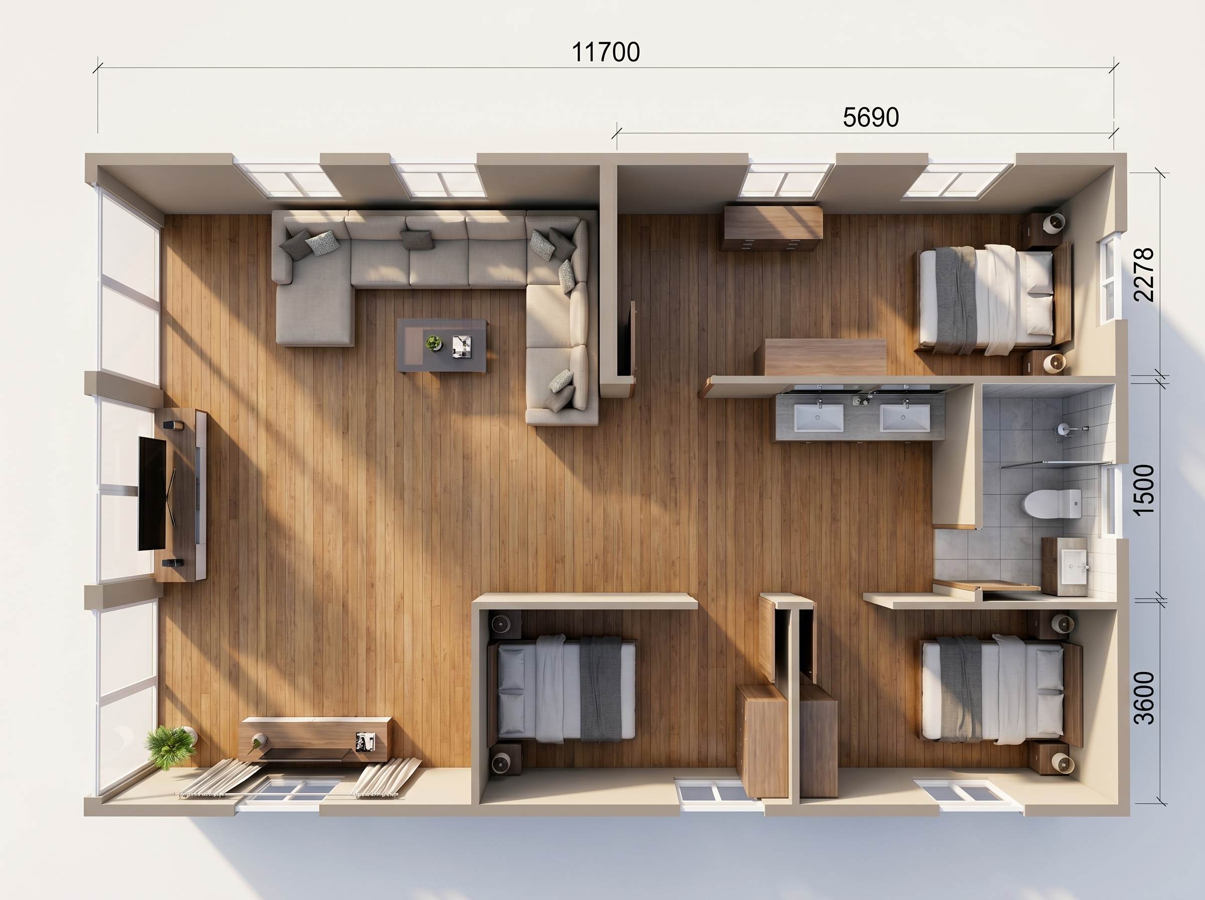 El Halcón - Plano distribución 90m² con 3 dormitorios