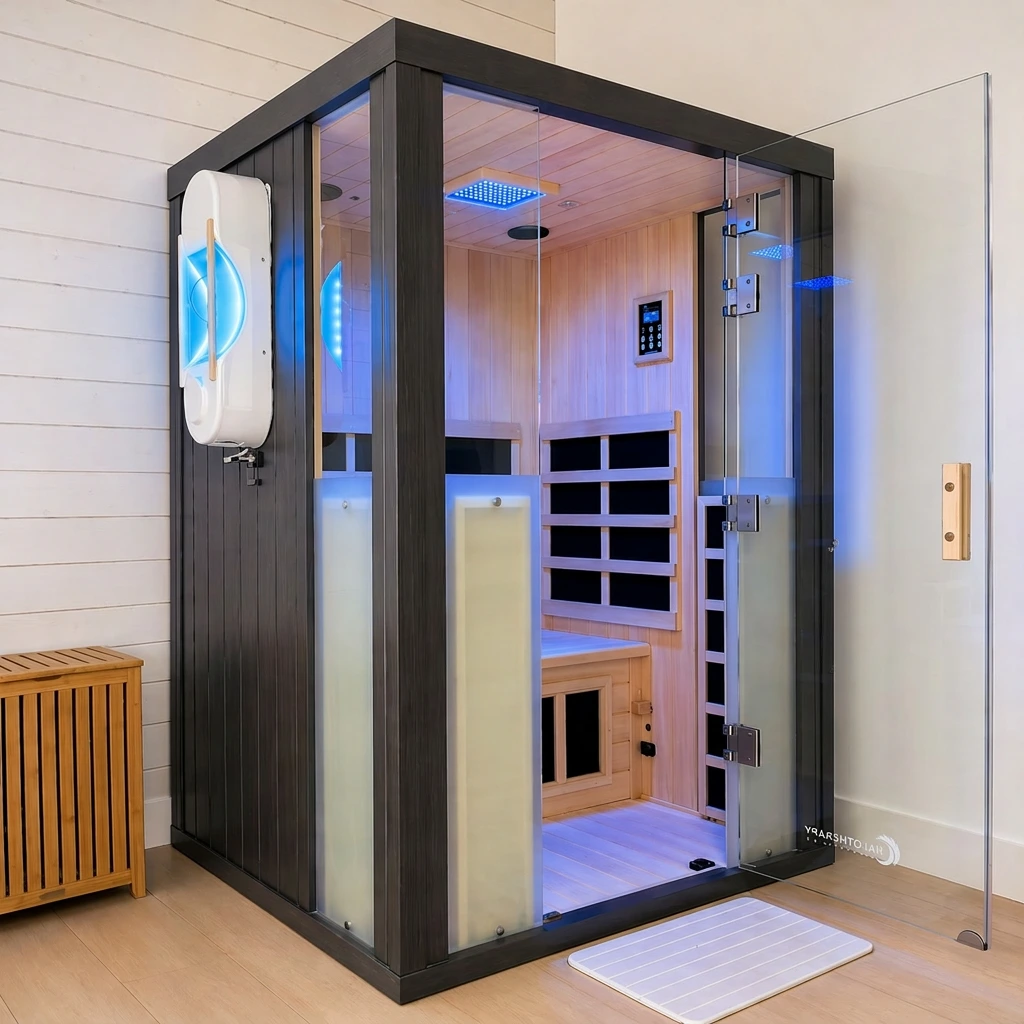 Modern infrared salt sauna cabinet with blue LED lighting and glass doors