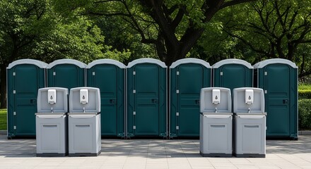 Hand sanitizer stations beside portable toilets