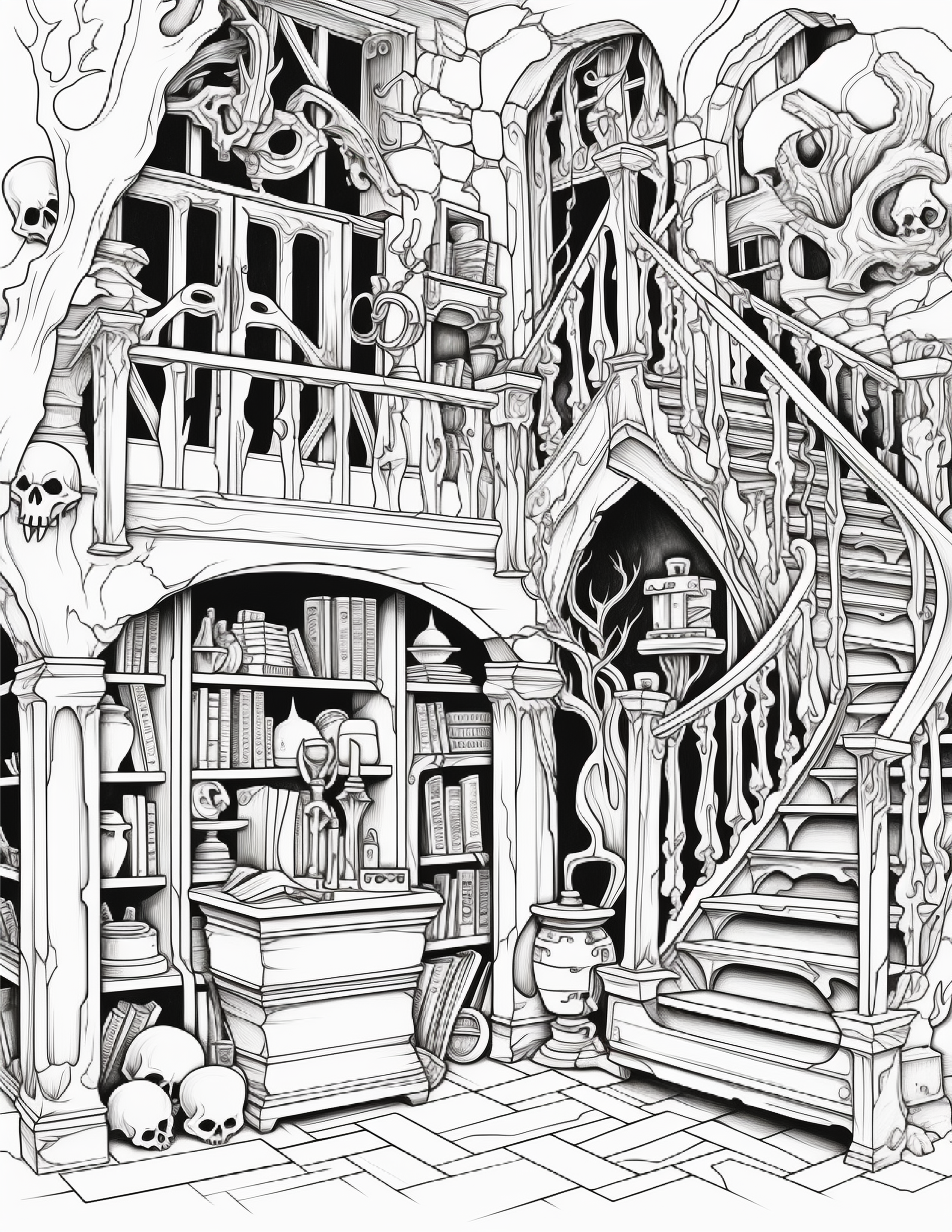 Biblioteca assombrada detalhada para colorir