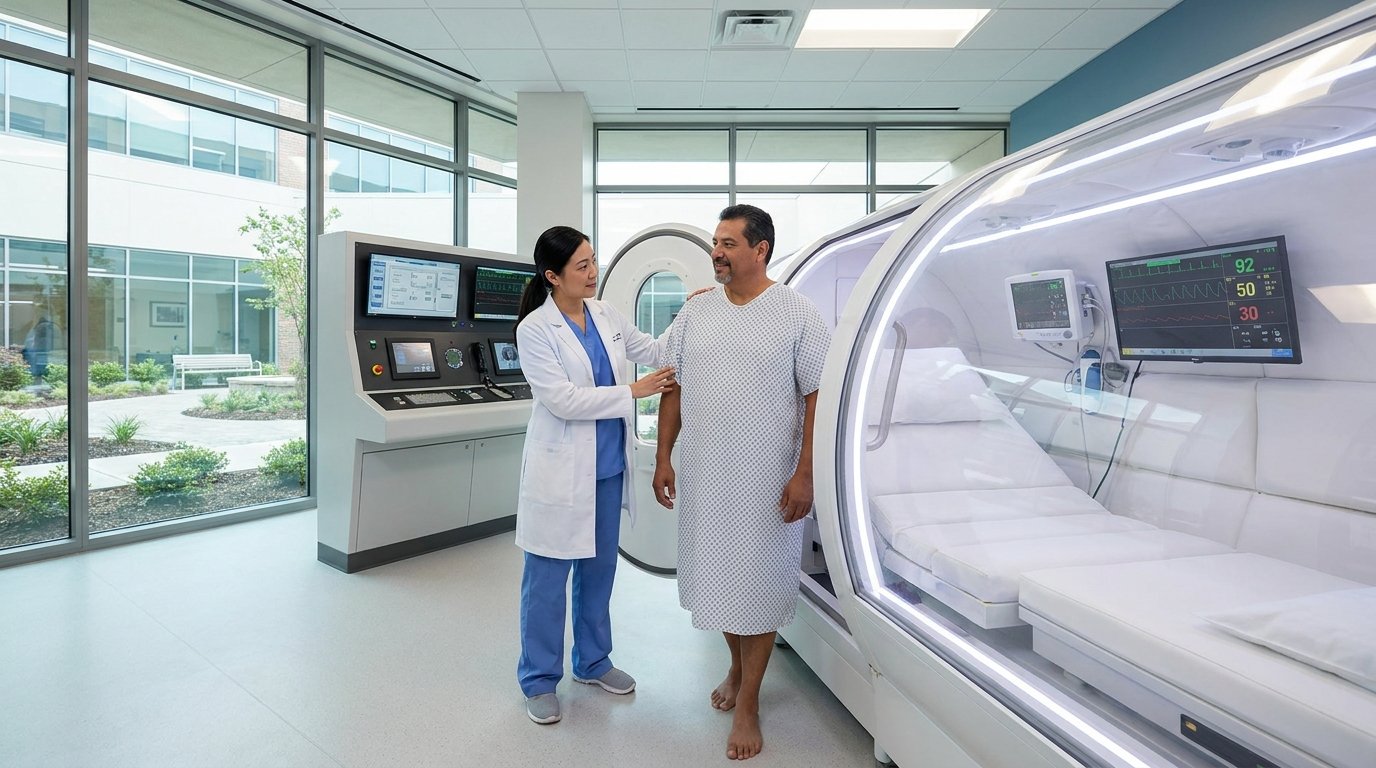 Healthcare provider consulting with patient next to hyperbaric oxygen chamber in modern medical clinic