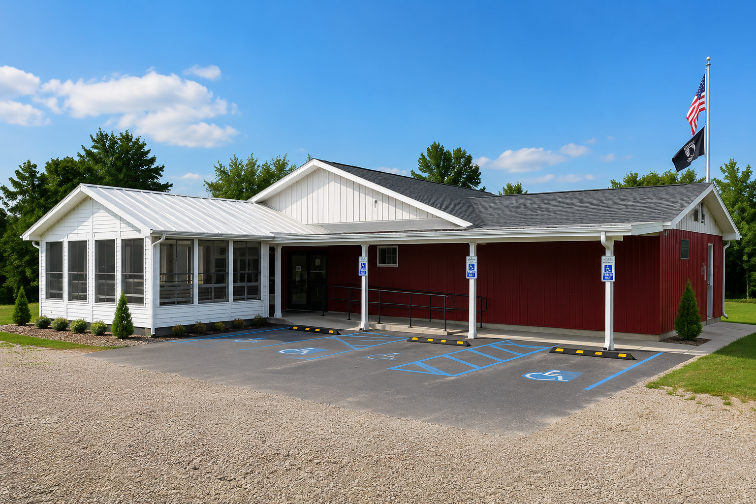 Wainwright VFW headquarters building in Panama City, Florida — white and red siding with American and POW/MIA flags out front