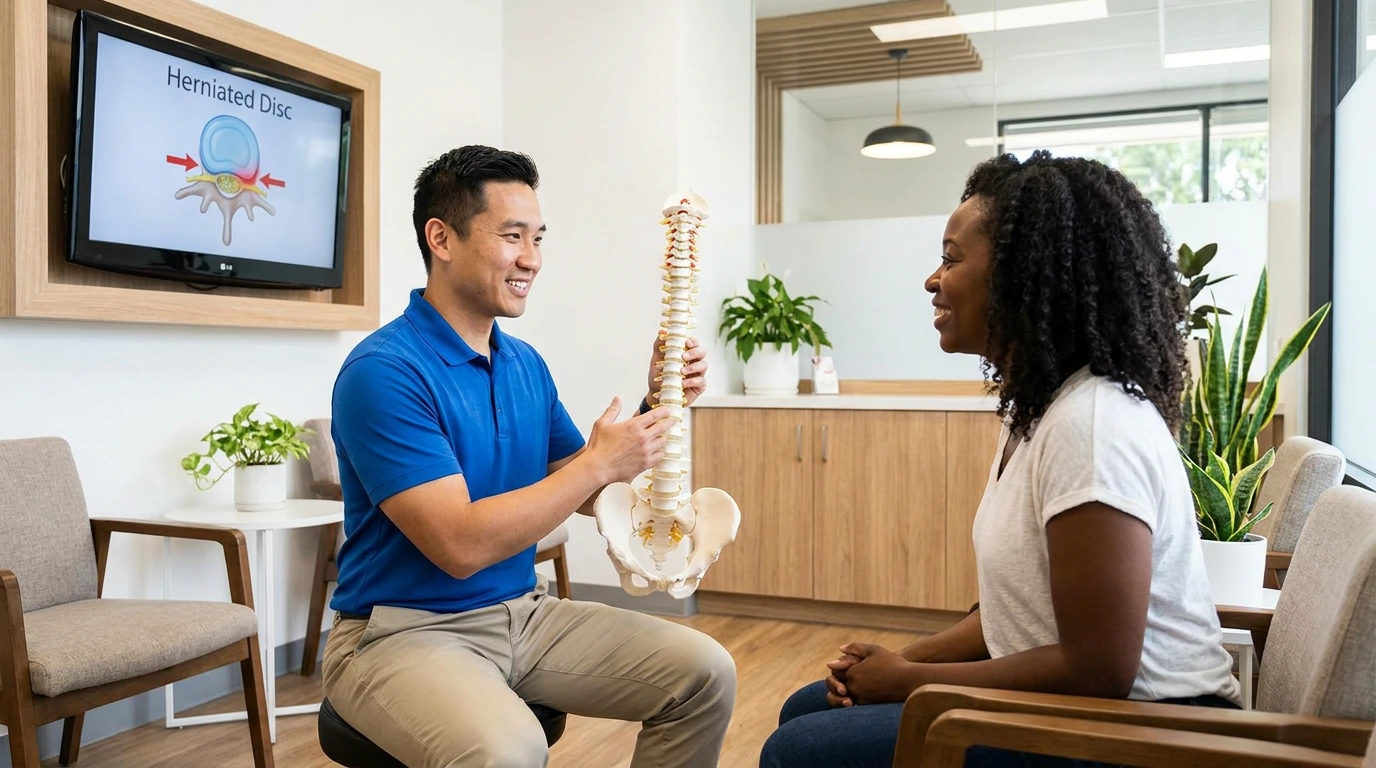 Chiropractor explaining herniated disc diagnosis to patient in professional office setting