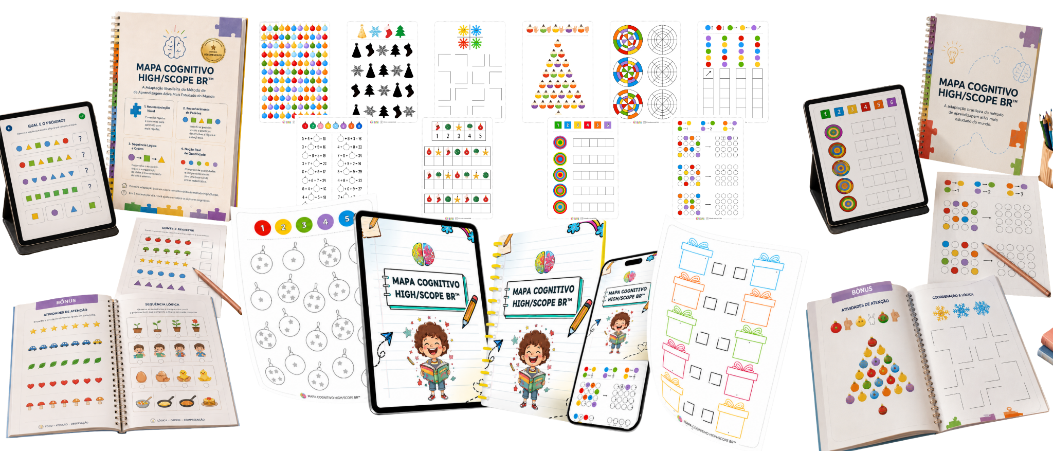 Mockup Oficial High/Scope - Materiais educativos incluindo cadernos, tablets e atividades