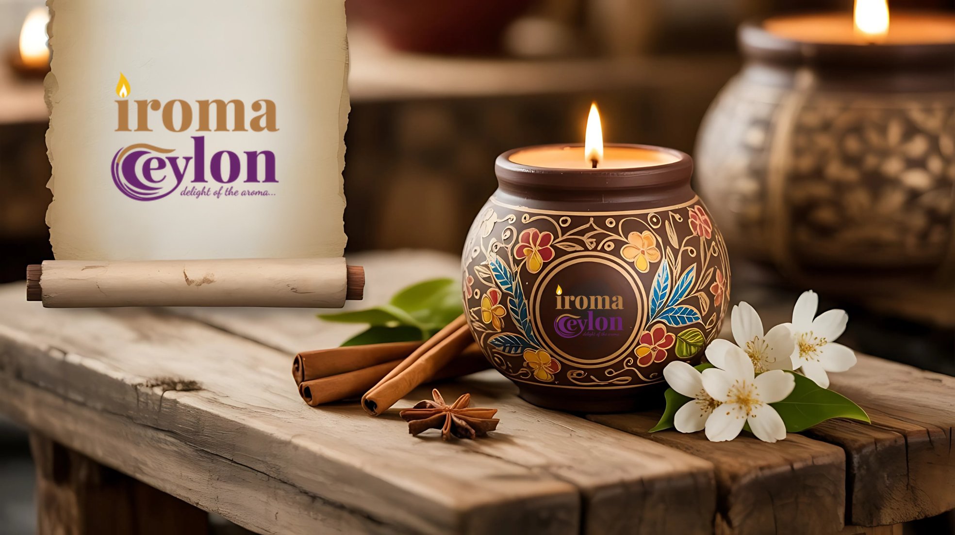 Iroma Ceylon sculptural candle with traditional Sri Lankan art background featuring elephants and lotus motifs