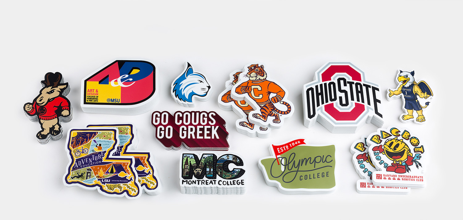 University stickers from Ohio State, LSU, Harvard and more