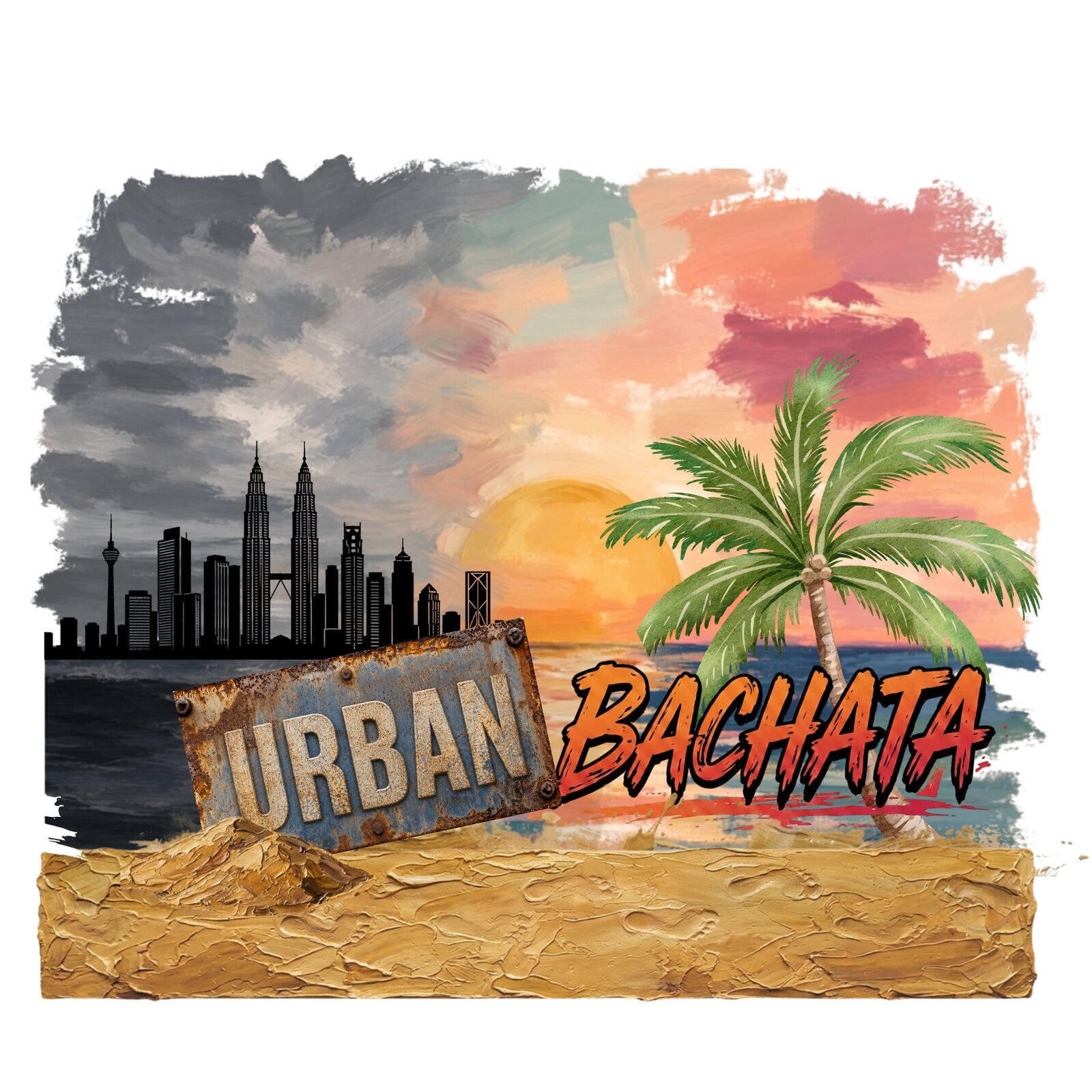Urban Bachata artwork with city skyline, beach and palm tree at sunset