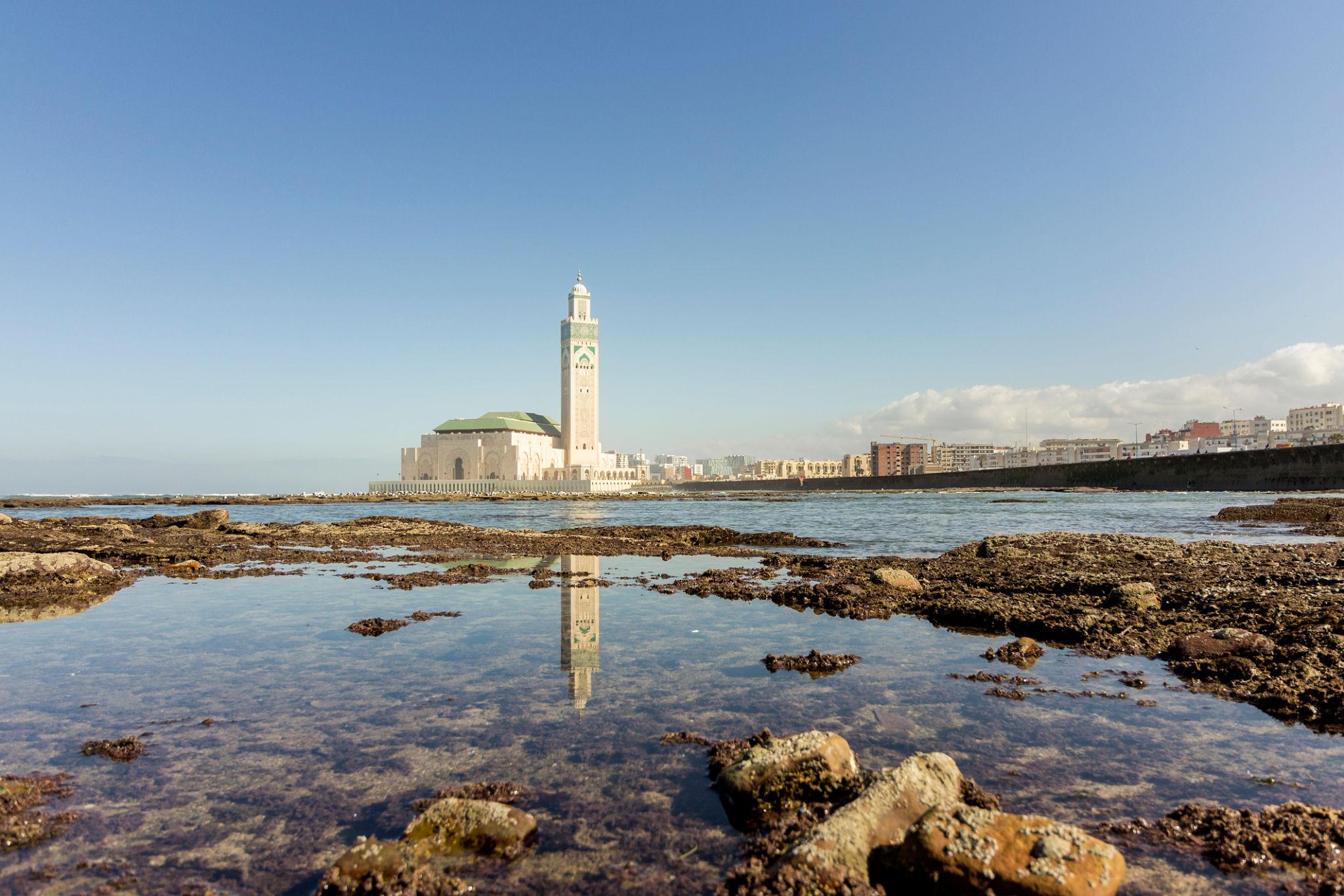 Hassan II Mosque from the beach at sunrise