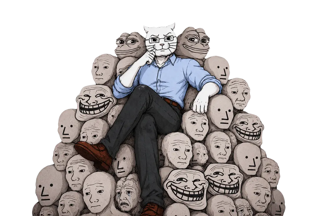 Catjak seated among the characters of the internet