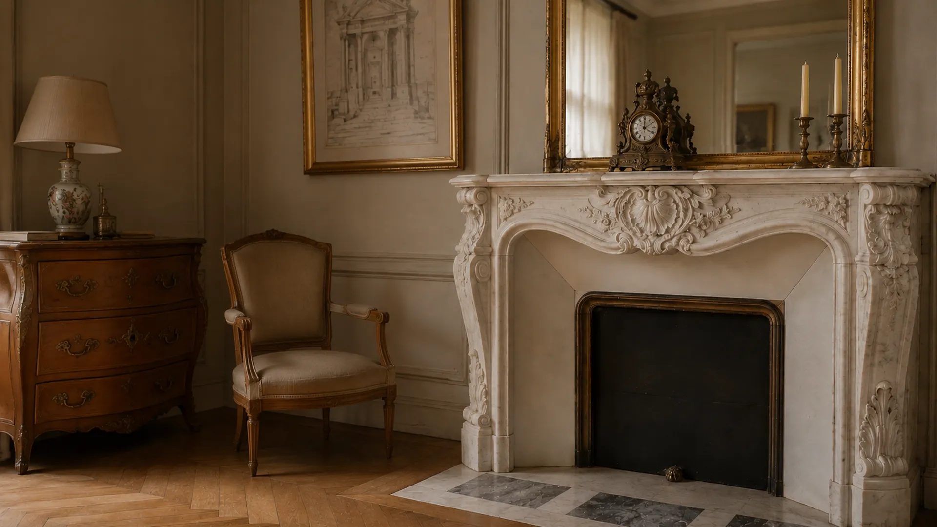 Cheminée en marbre et intérieur d'antiquités