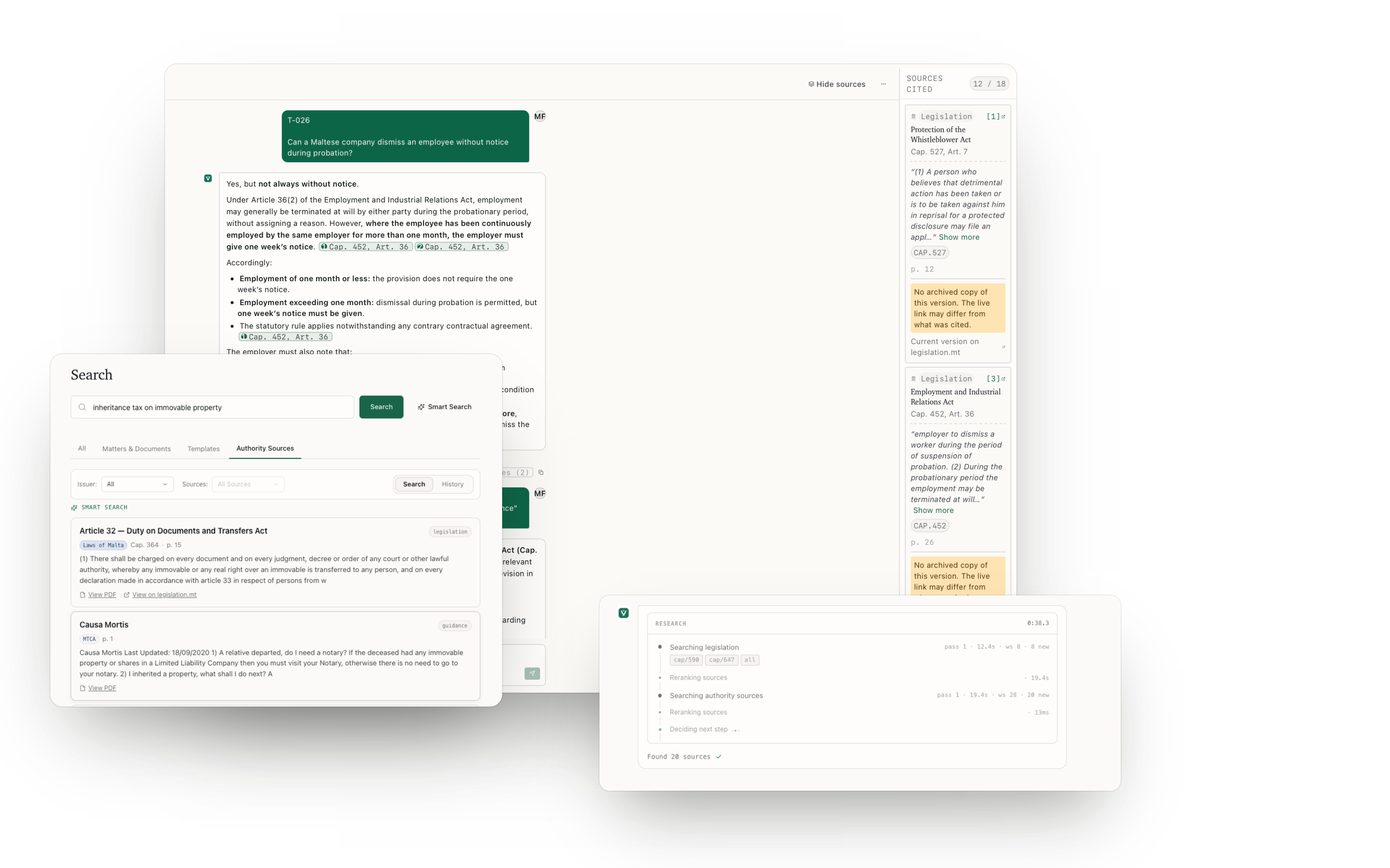 Volera Research showing a cited answer, authority-source search, and research progress