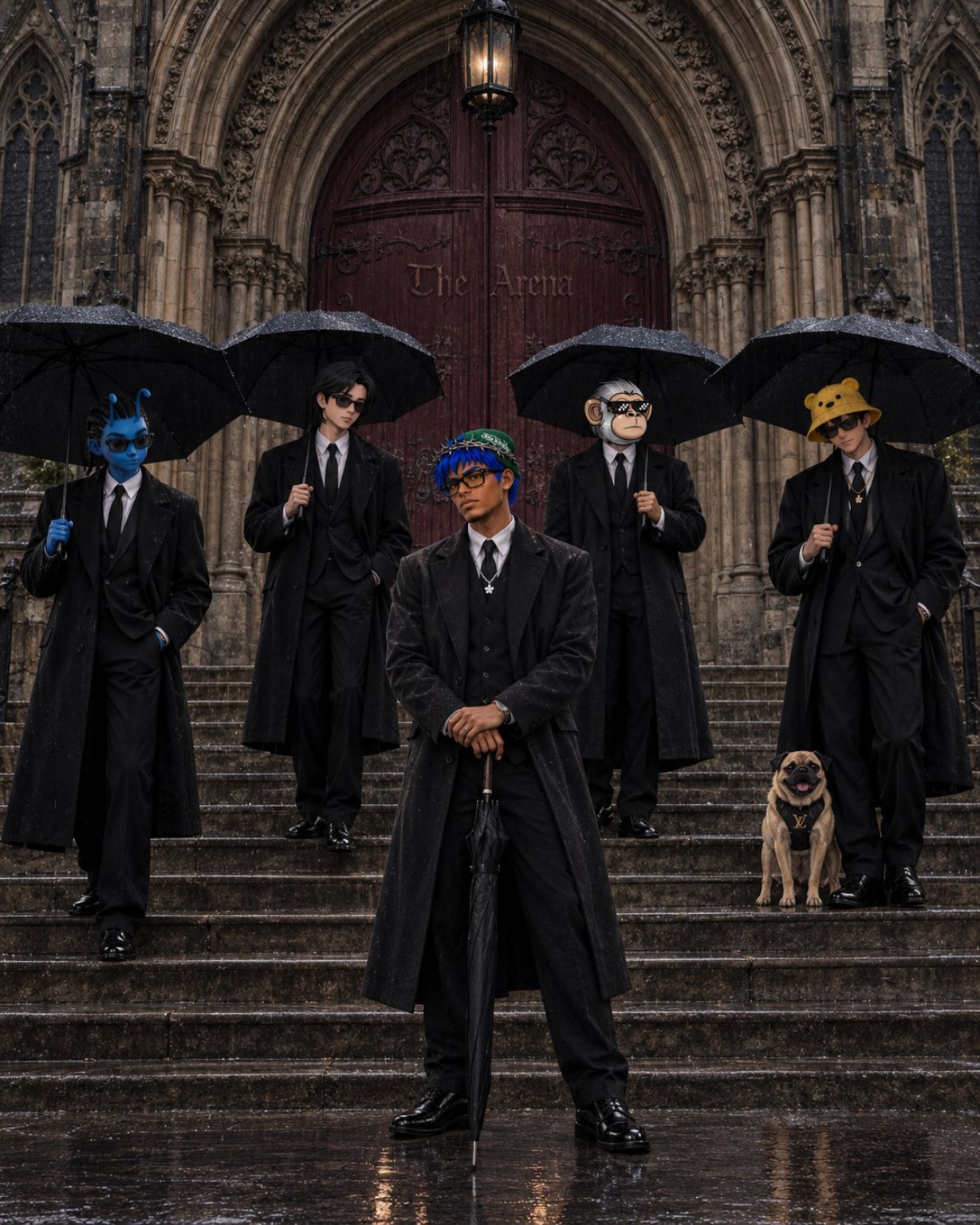 The Arena community gathered in formal dress beneath umbrellas outside a grand stone doorway