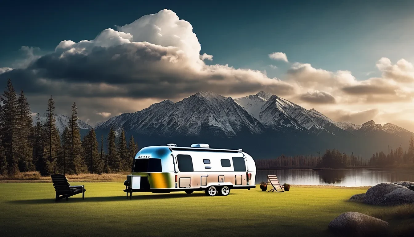 Luxury Airstream trailer against a backdrop of snow-capped mountains and a serene lake at golden hour