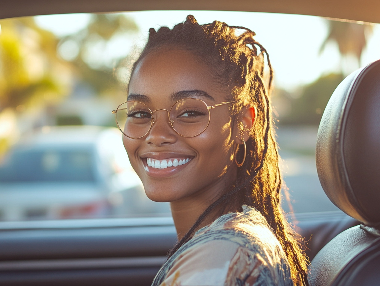 A confident driver smiling as she parks her car in a sunny, suburban neighborhood, exuding freedom and security