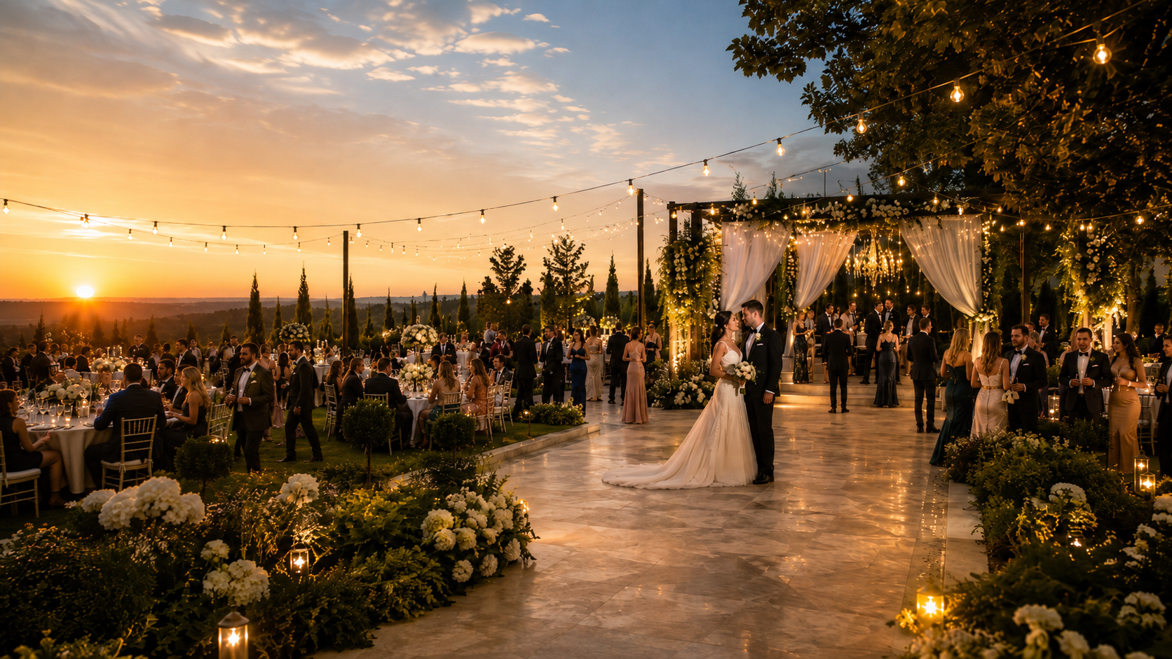 Kır düğün salonunda mutlu çift ve davetliler