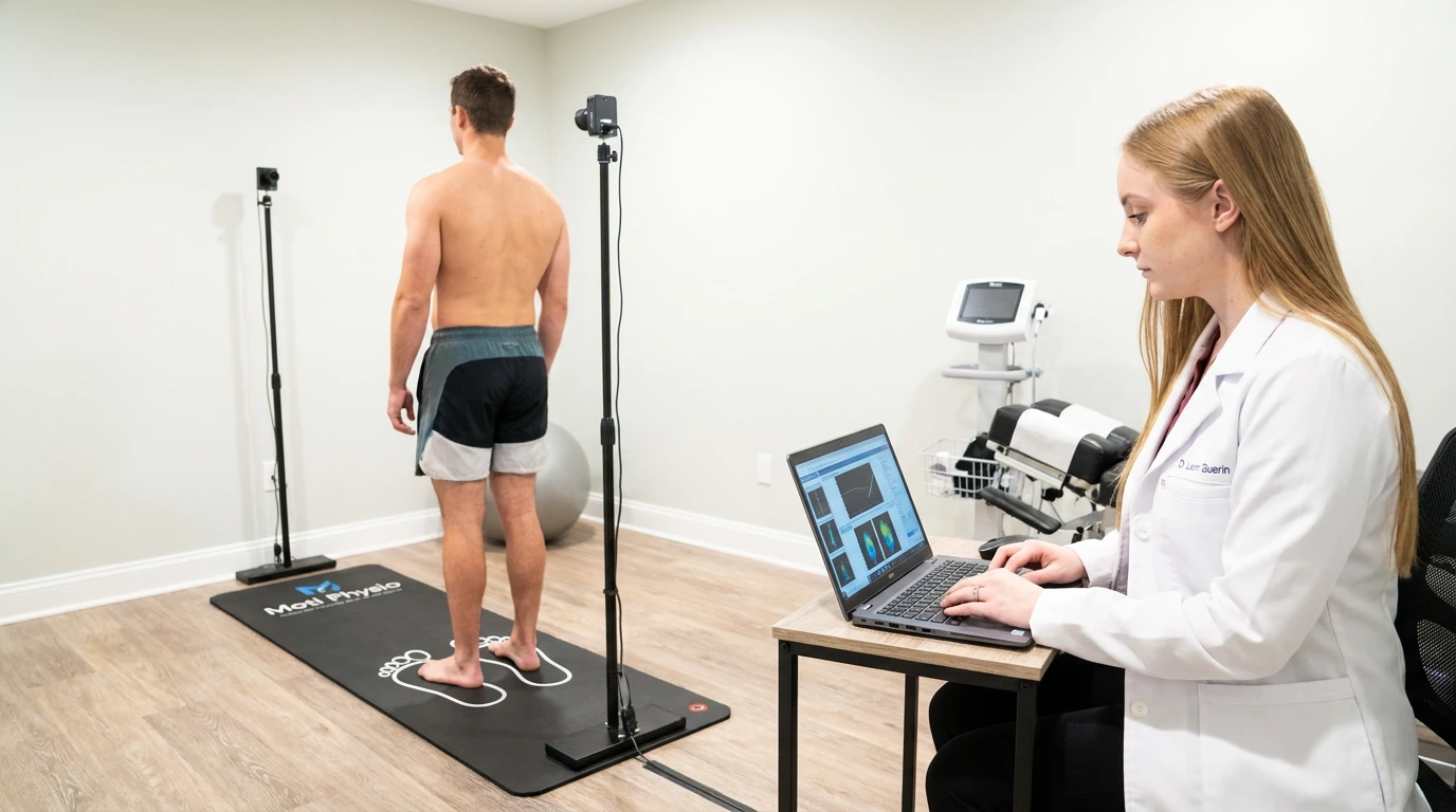 Moti Physio 3D body analysis system showing muscle assessment interface with healthcare professional