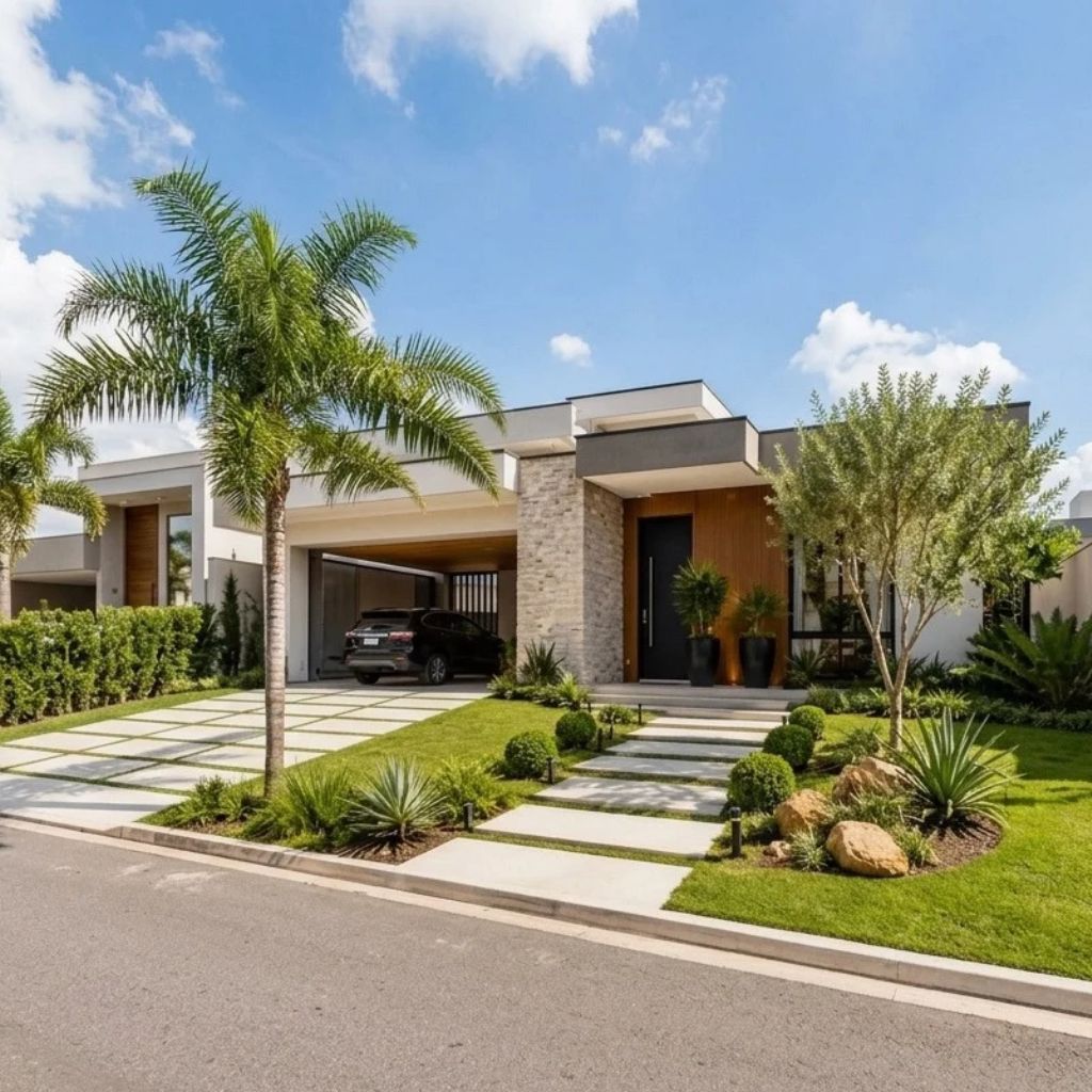 Casa contemporânea com jardim residencial, palmeira, gramado e paisagismo ornamental