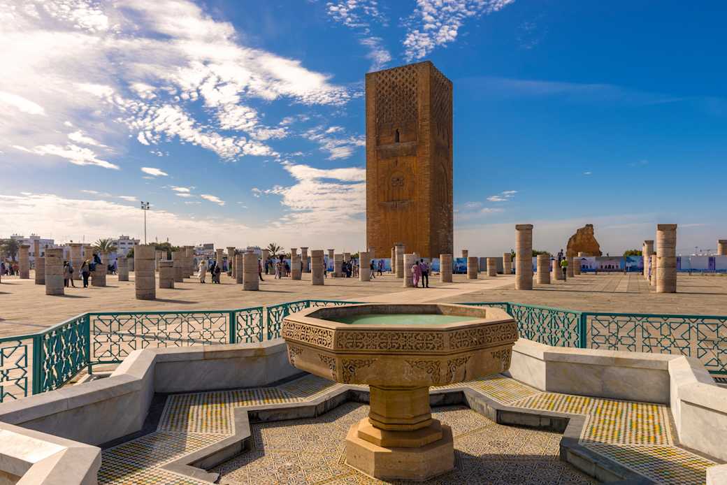 Hassan Tower in Rabat with spiritual columns and blue sky