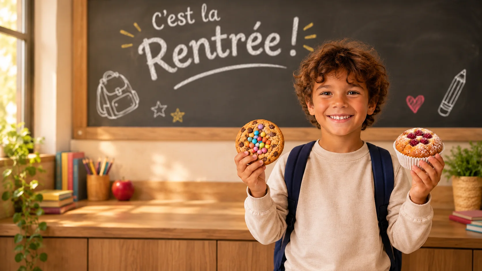 Enfant avec cookie et muffin pour la rentrée des classes Maison Chevallier, collection septembre 2026
