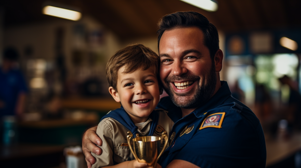 Cub Scout and leader celebrating with trophy