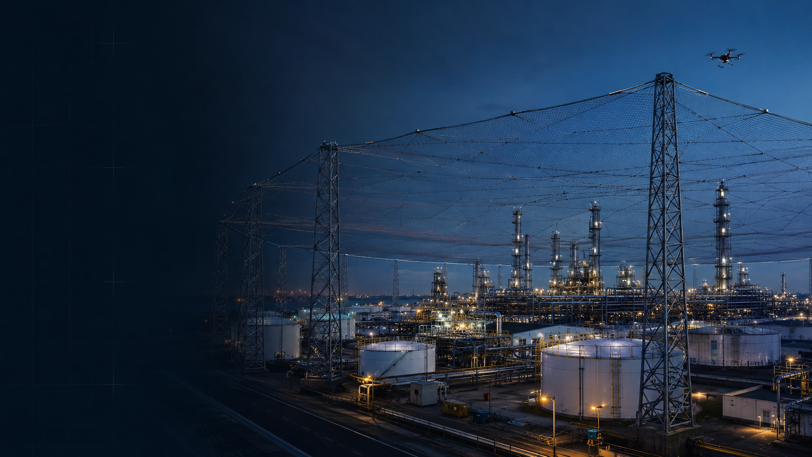 Ночной нефтеперерабатывающий завод с антидроновой сеткой ПРОМСВОД
