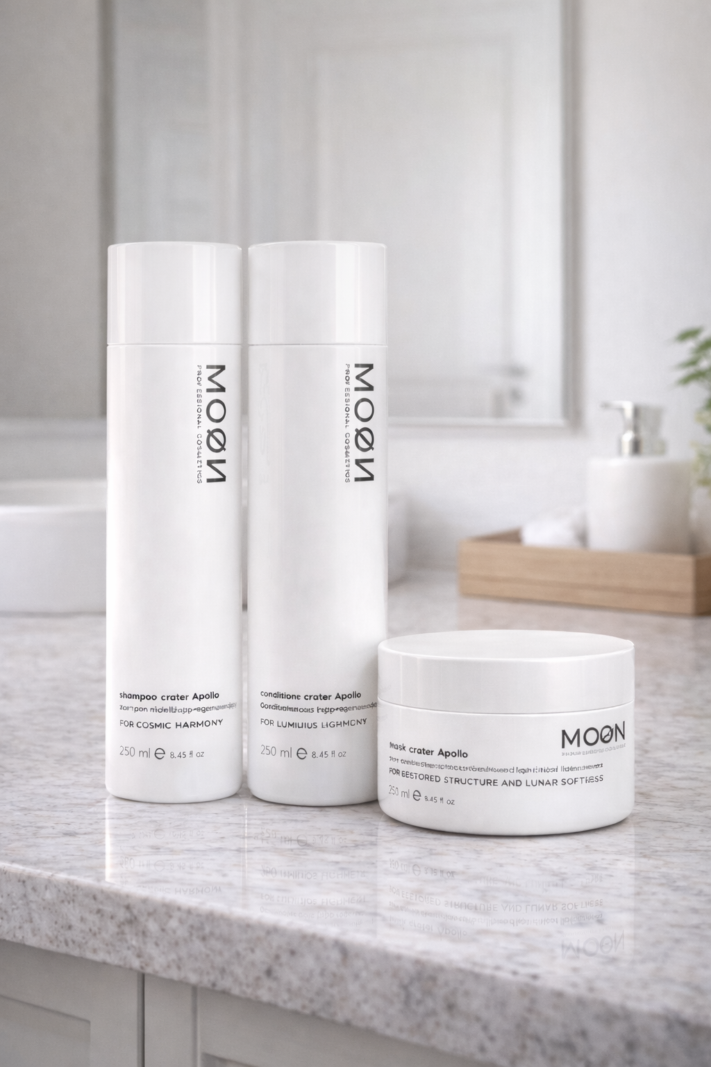 MOØN shampoo, conditioner and mask on marble counter