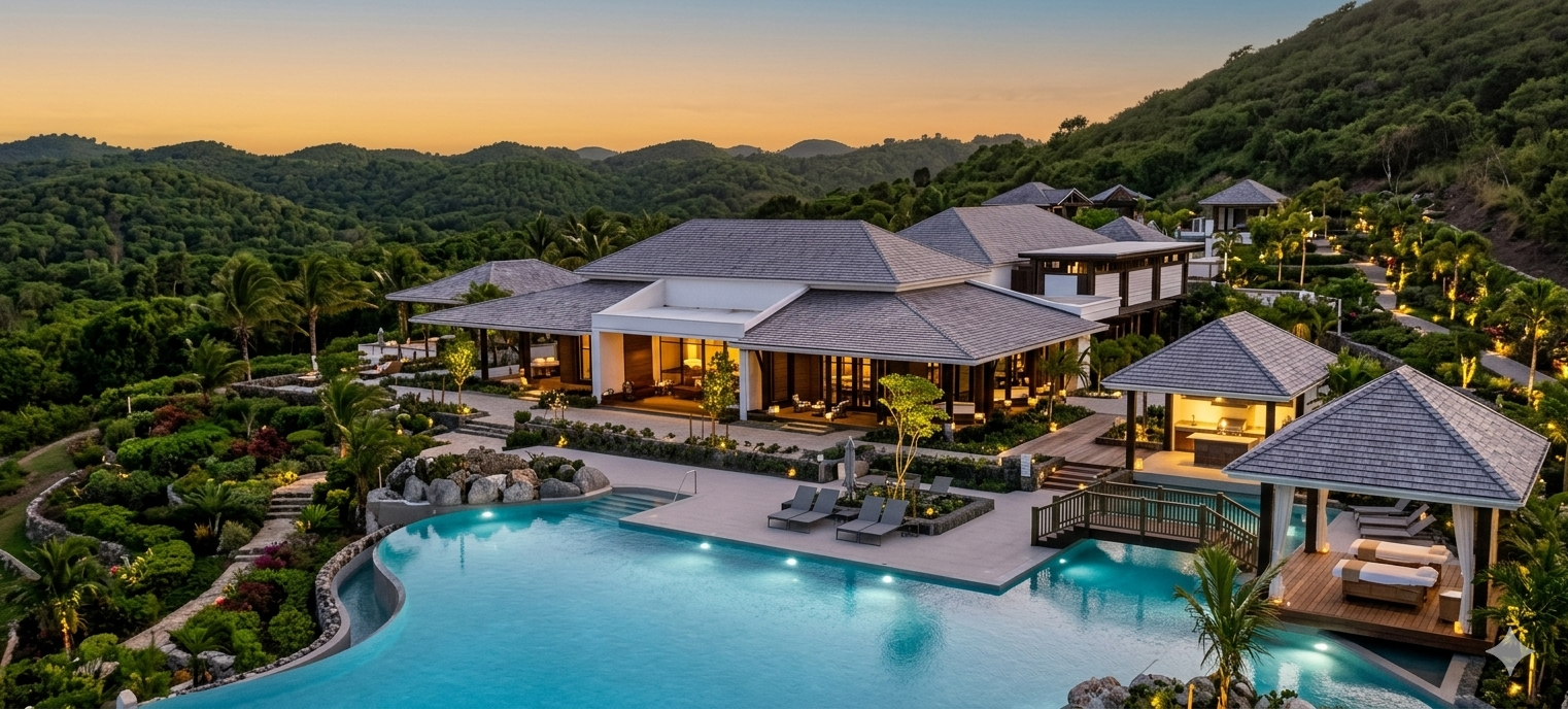 Luxury resort villa with pool at sunset
