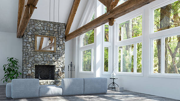 Rustic living room with stone fireplace