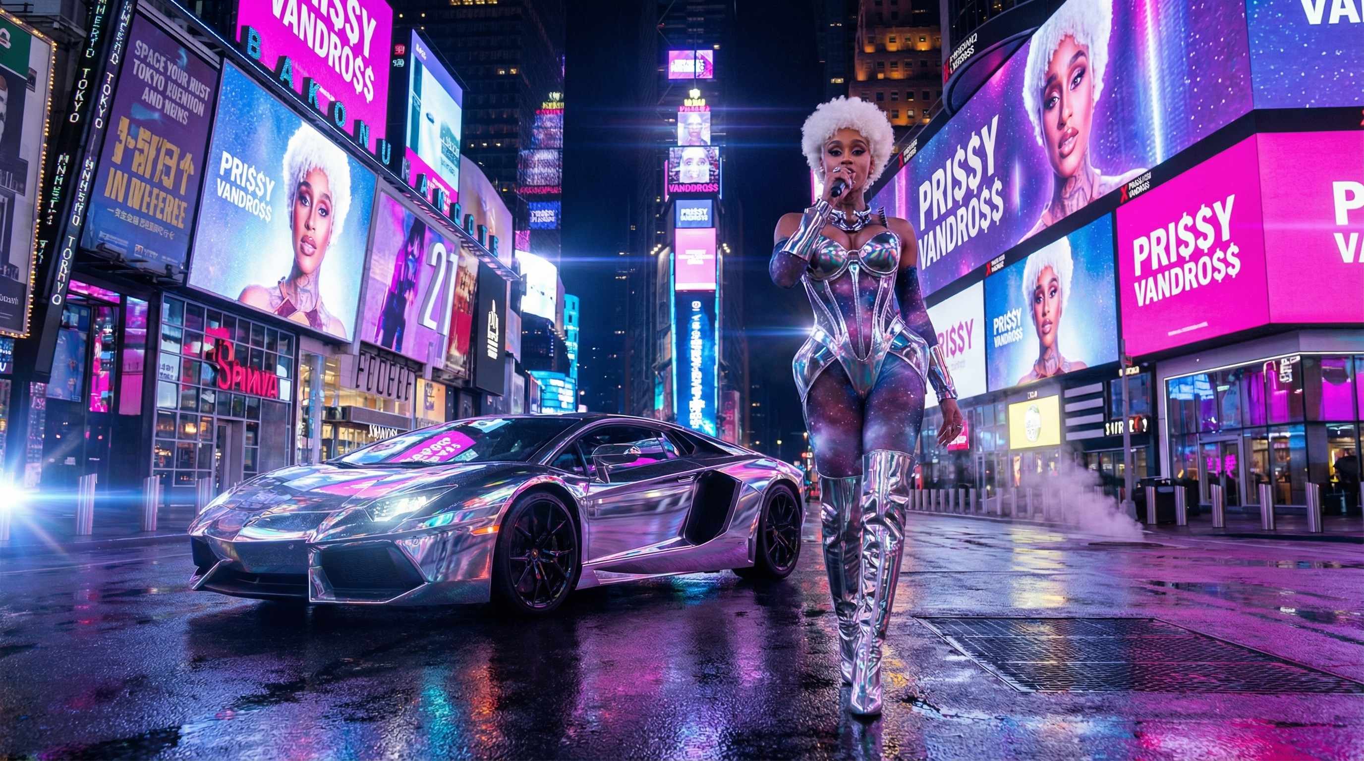 Pri$$y Vandro$$ in Times Square with chrome Lamborghini