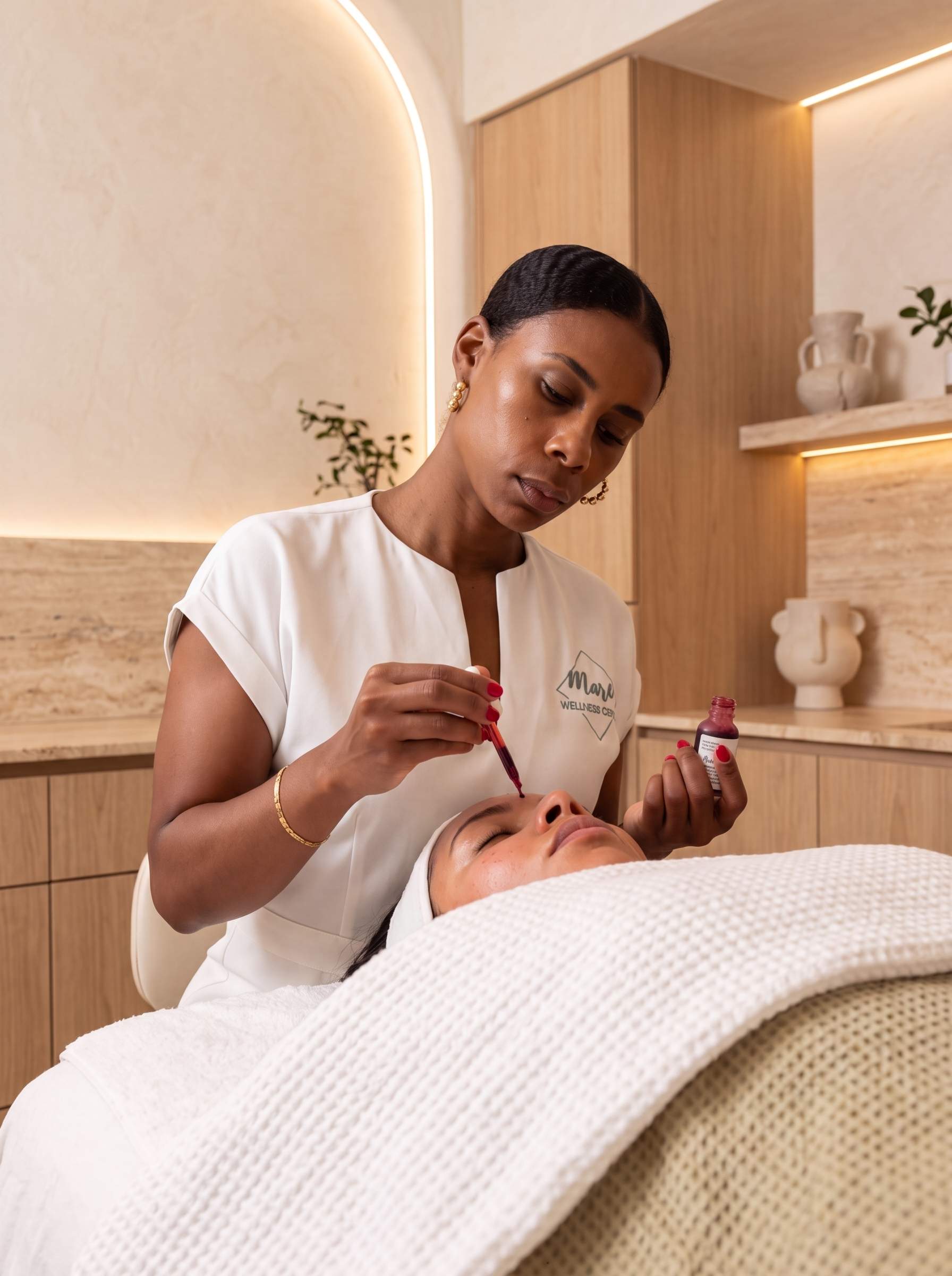 Esthetician applying a treatment serum at Maro Wellness Center