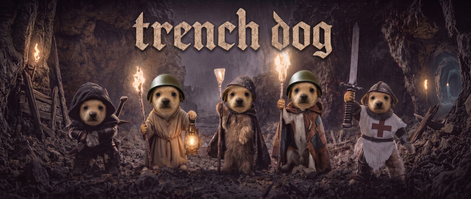 The full Trench Dog squad standing among the ruins