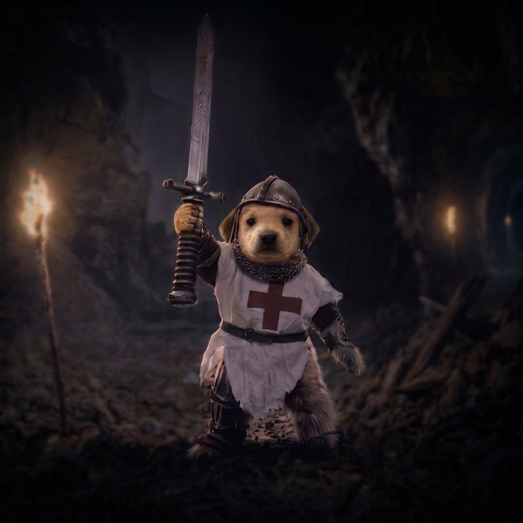 Trench Dog knight raising a sword in a torchlit cavern