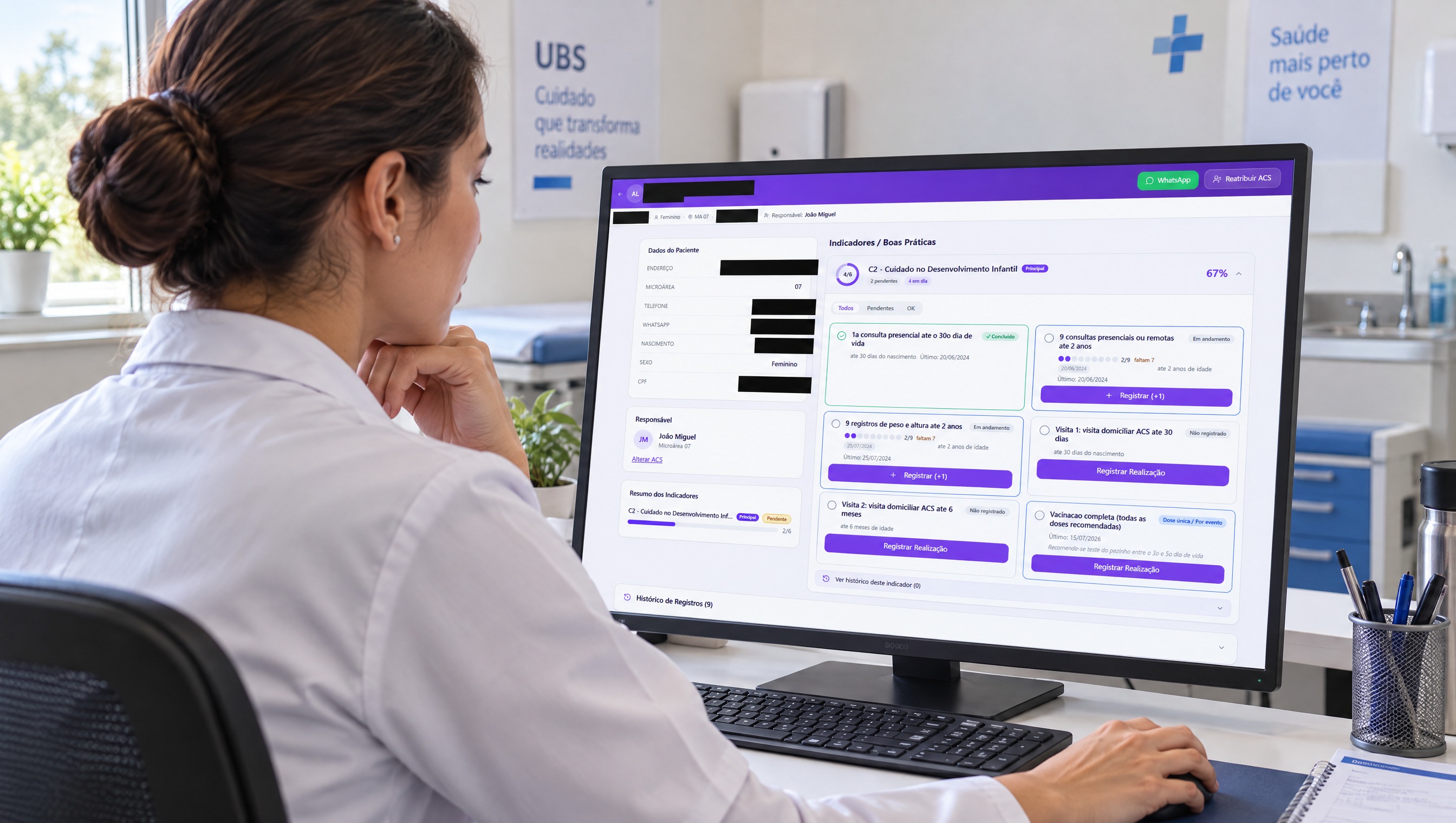 Ficha de paciente no Pontua 360 com dados cadastrais, responsável, indicadores de hipertensão e histórico de registros