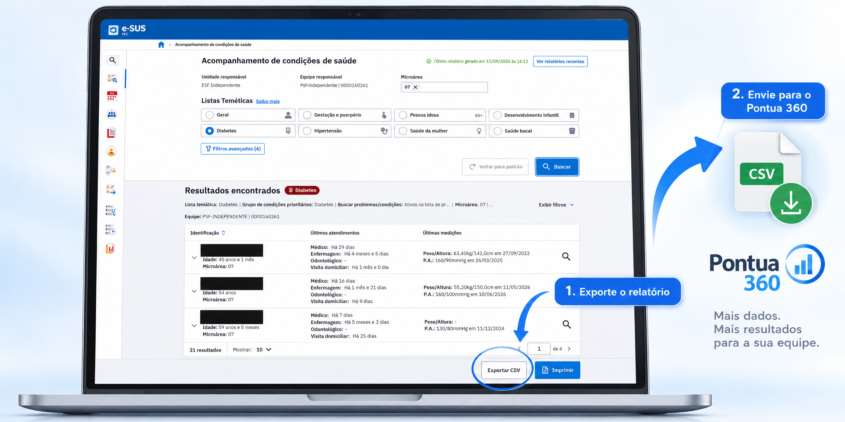 Tela do e-SUS PEC com os passos para exportar o relatório em CSV e enviar para o Pontua 360
