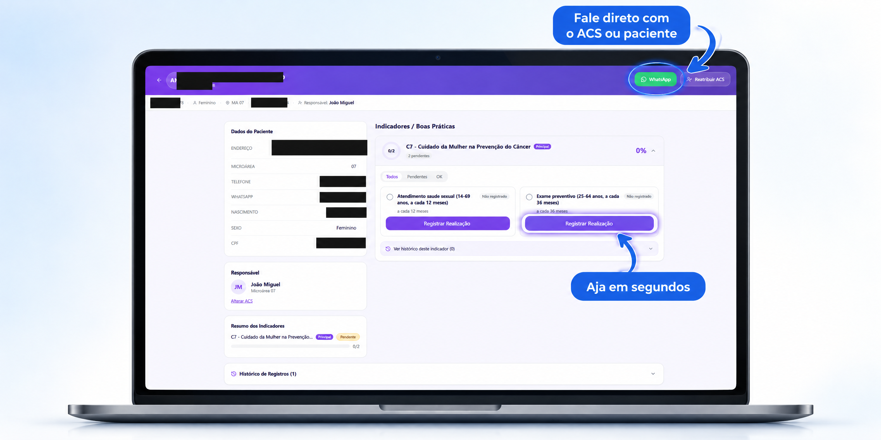 Ficha do paciente no Pontua 360 destacando o botão de WhatsApp e o botão para registrar a realização de um indicador