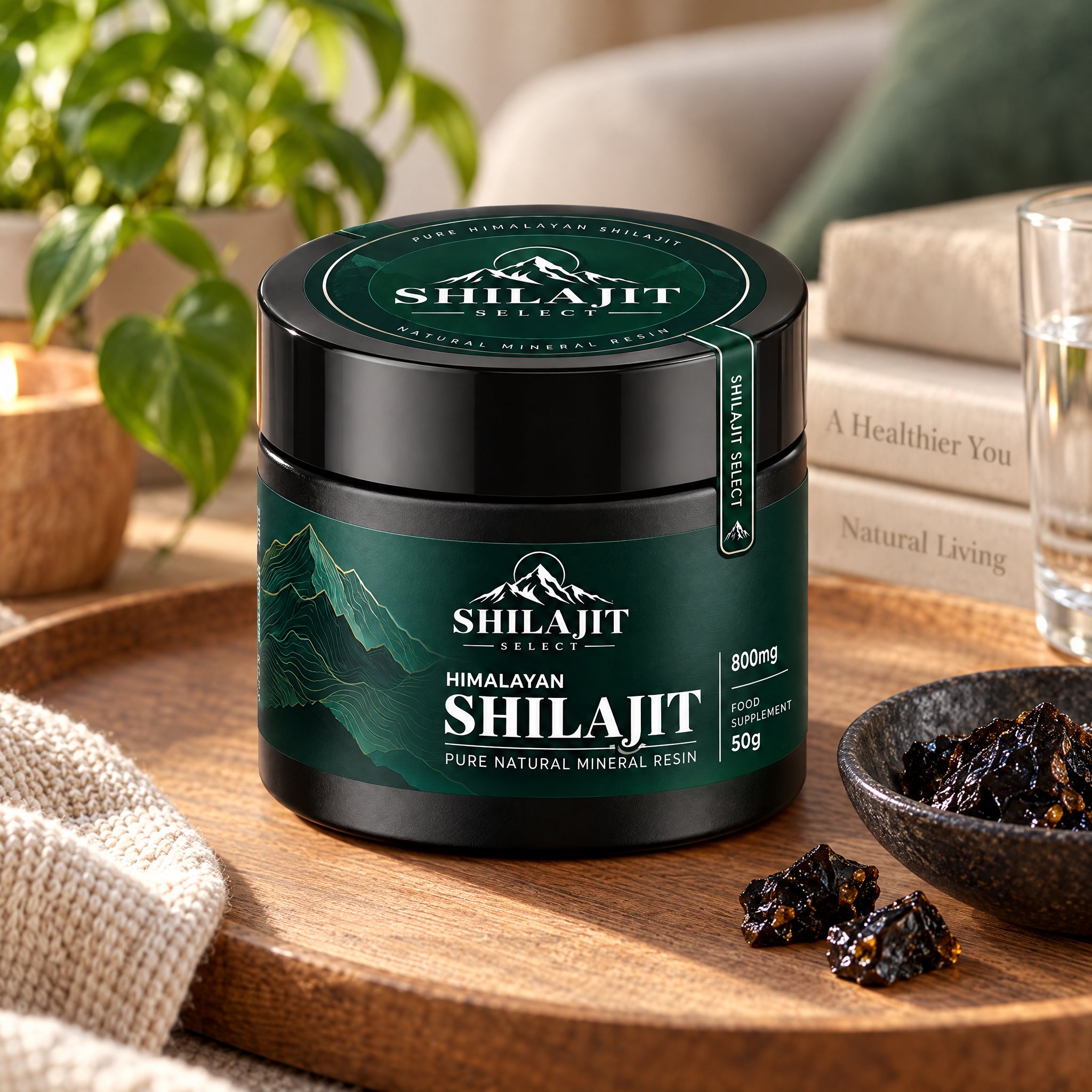 Shilajit Resin op een houten tafel in een licht interieur