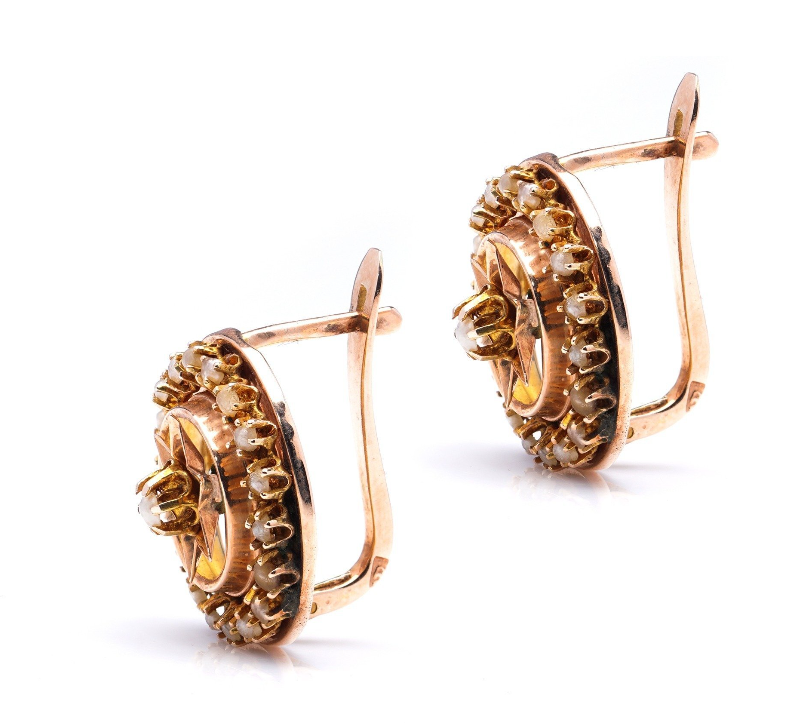 Rose gold hinged back earrings with ornate crown design