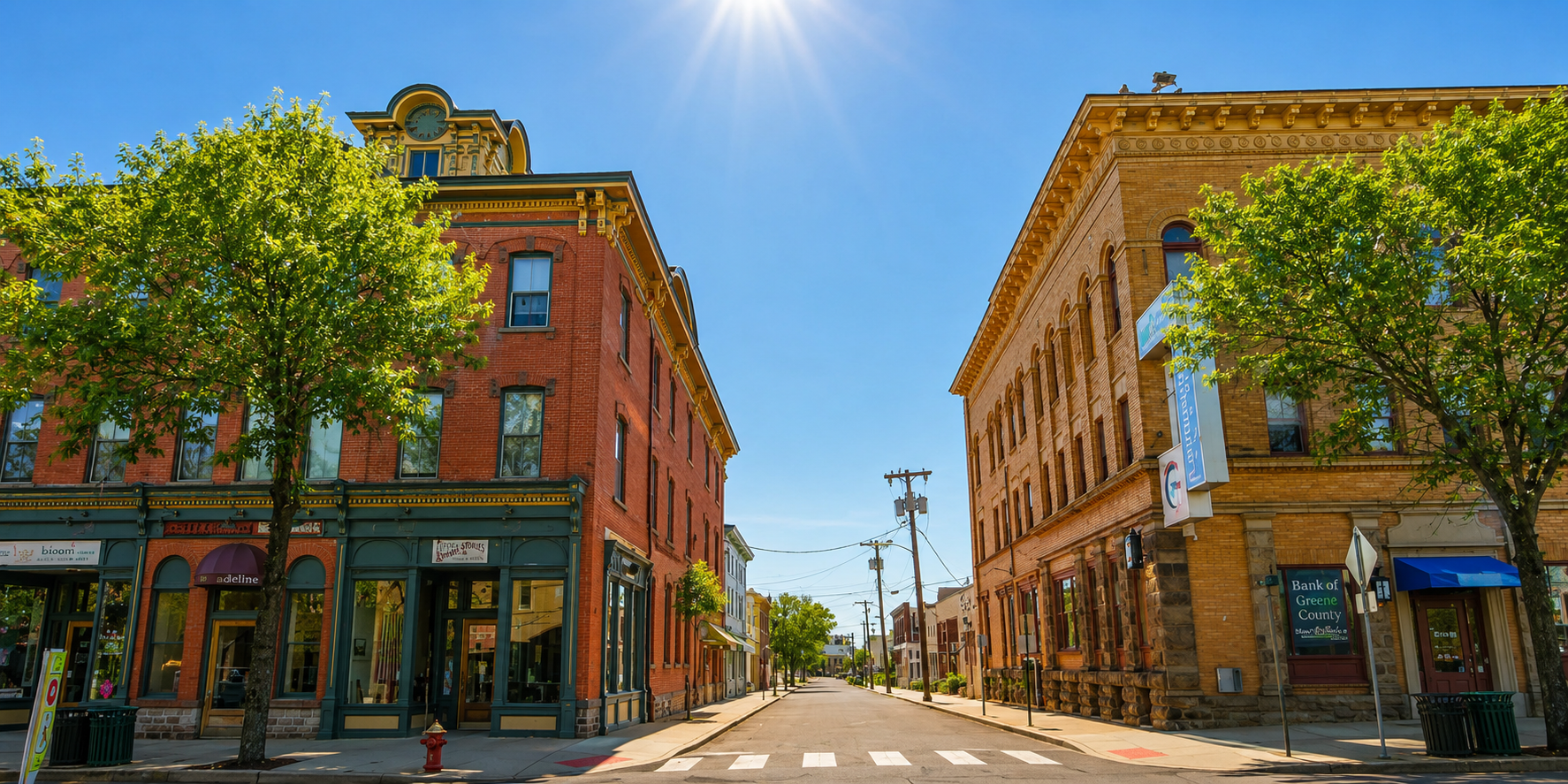 Historic downtown Flemington, NJ with its restored Victorian-era storefronts and tree-lined street