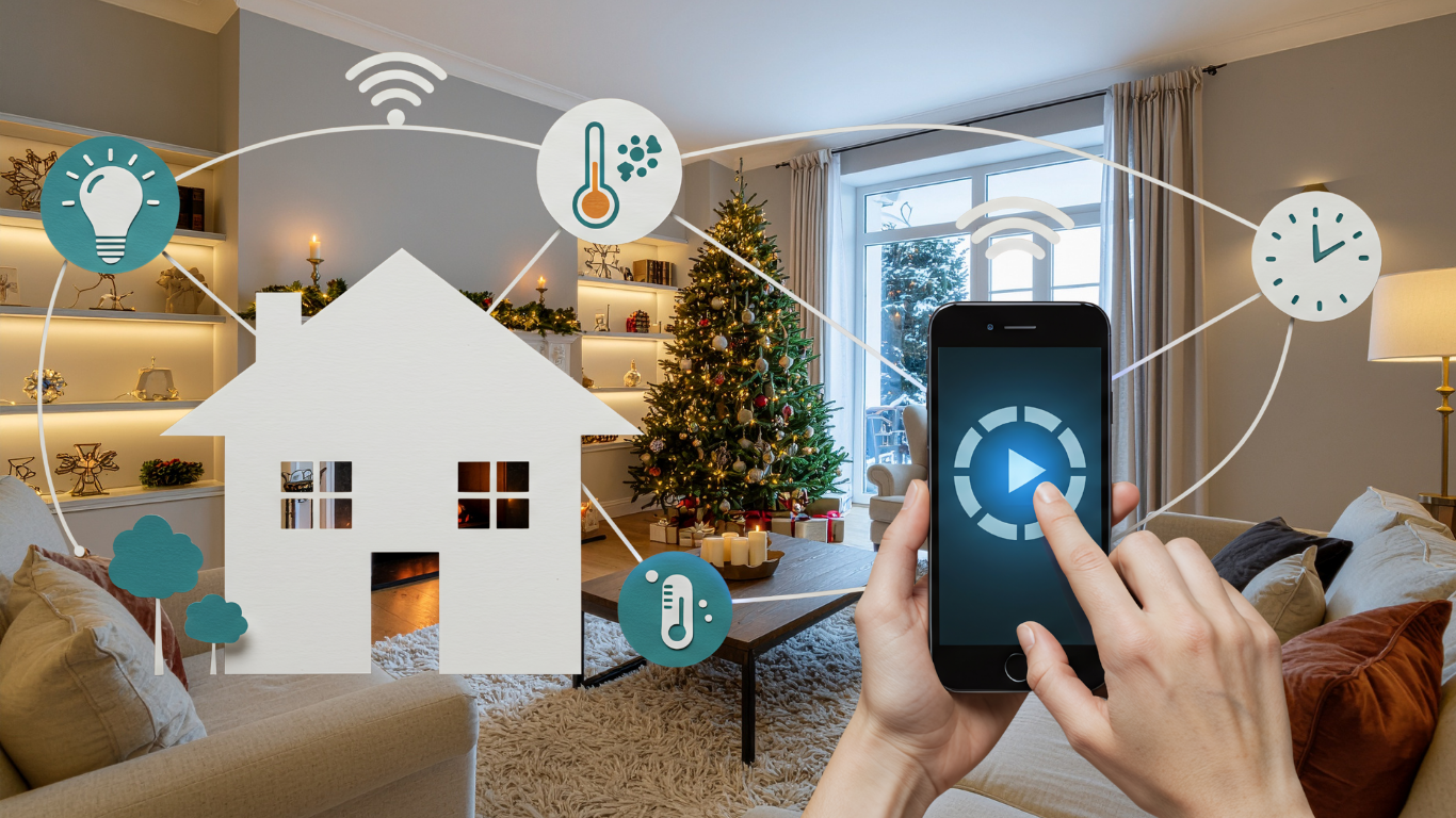 Hand holding a smartphone controlling a smart home, with connected-device icons floating over a holiday living room with a Christmas tree