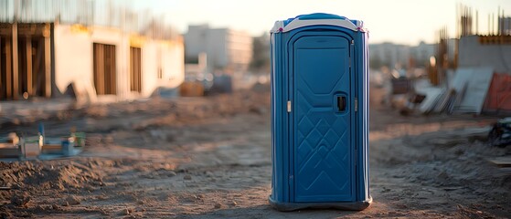 Blue portable restroom at a construction site