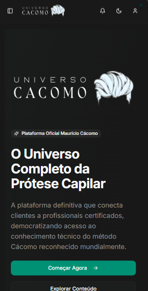 Universo Cacomo Mobile - Home com hero, tagline e CTA