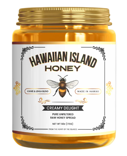 Premium Hawaiian Kiawe Honey in 6oz glass jar with golden lid - Pure, raw, and unfiltered honey from Hawaii's pristine rainforests