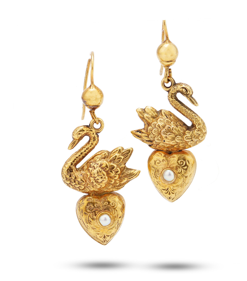 Victorian gold swan motif hook earrings with pearl-set heart drops