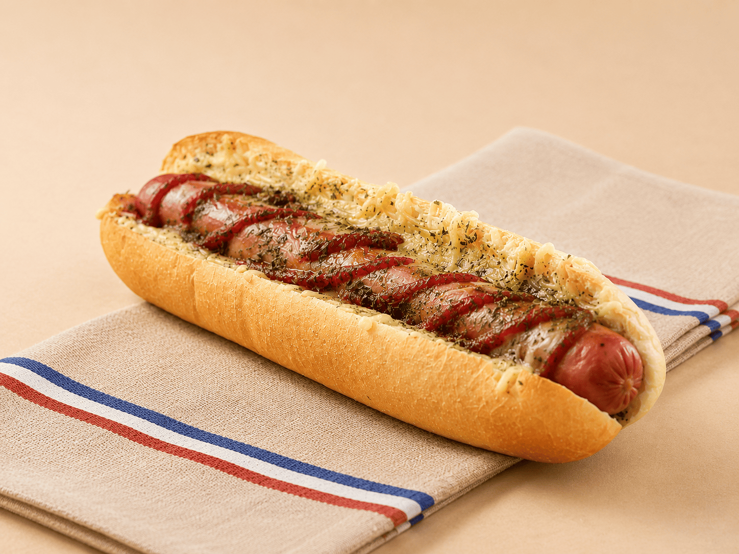 Hot dog gratiné préparé en boulangerie
